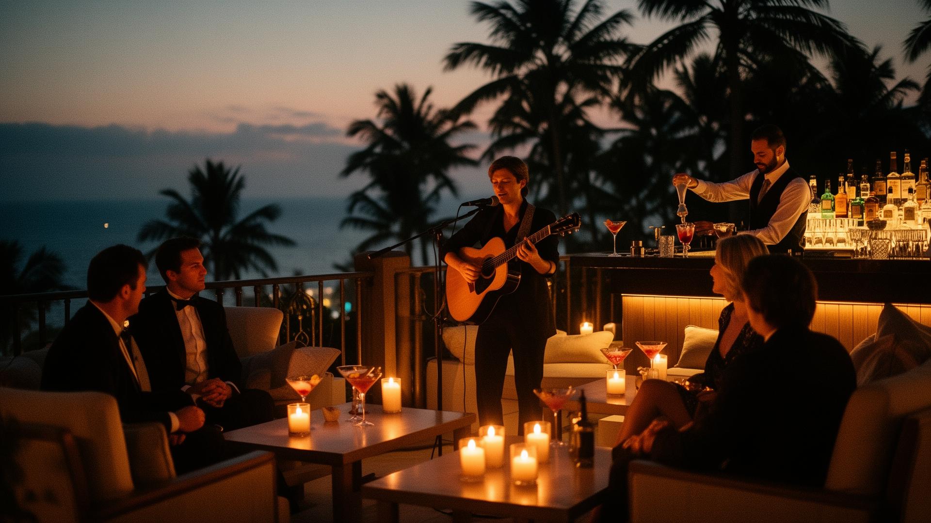 Acoustic guitarist performing for guests at a candlelit oceanfront rooftop lounge at dusk, with a bartender mixing cocktails